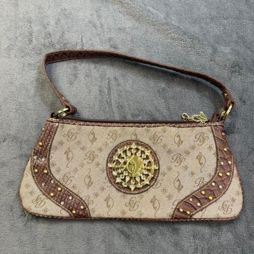 Baby Phat Monogram Baguette Bag Women's Brown Gold Rhinestone Y2K Shoulder Purse